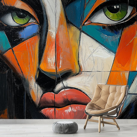 Abstract geometric portrait wallpaper creating a stunning focal point in a modern living room with clean white furniture