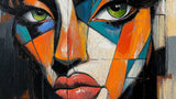 Geometric portrait design file showing vibrant color composition with angular shapes and bold contrasts
