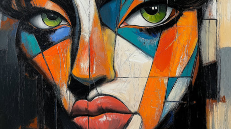 Geometric portrait design file showing vibrant color composition with angular shapes and bold contrasts