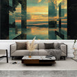Modern geometric abstract wallpaper creating depth in a minimalist living room with floor-to-ceiling windows