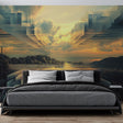 Geometric Sunset Abstract Wallpaper creating depth in a modern minimalist living room with floor-to-ceiling windows
