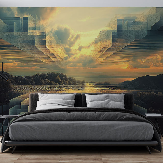Geometric Sunset Abstract Wallpaper creating depth in a modern minimalist living room with floor-to-ceiling windows