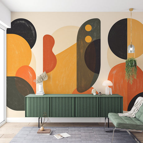 Modern geometric abstract wallpaper with terracotta and gold shapes creating depth in a bright living room setting