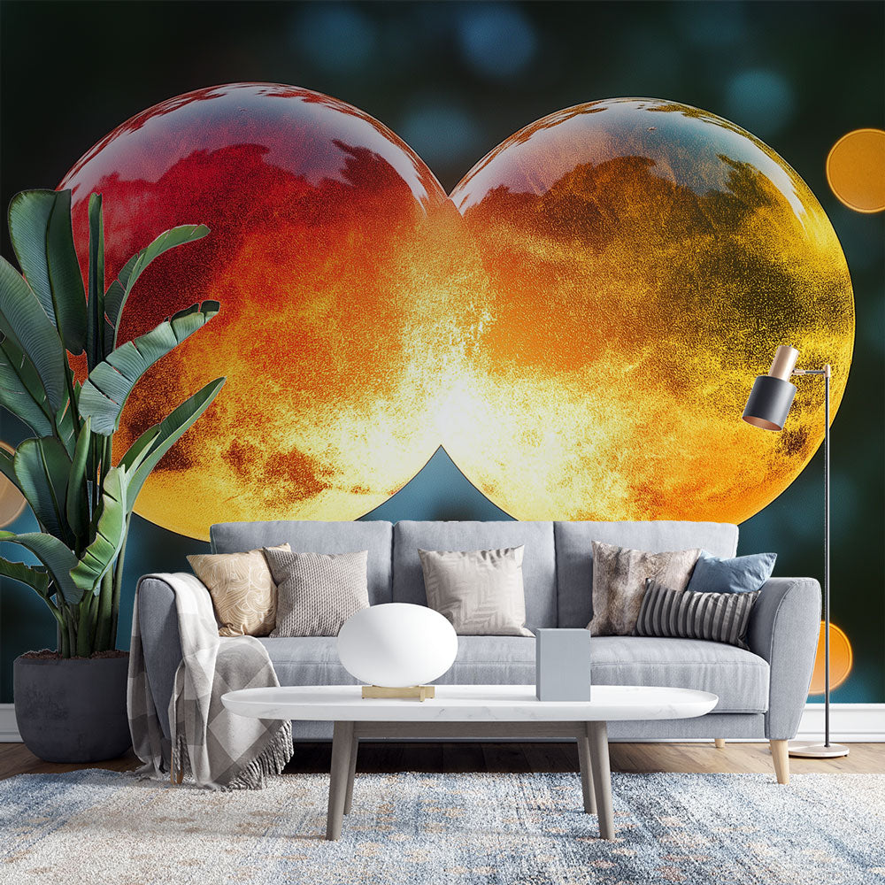 Abstract circle wallpaper creating a warm glow in a modern living room with minimal furniture and tall windows