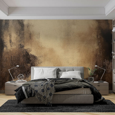 Modern living room with Abstract Gold and Black Textured Wallpaper creating a sophisticated atmosphere against modern furniture