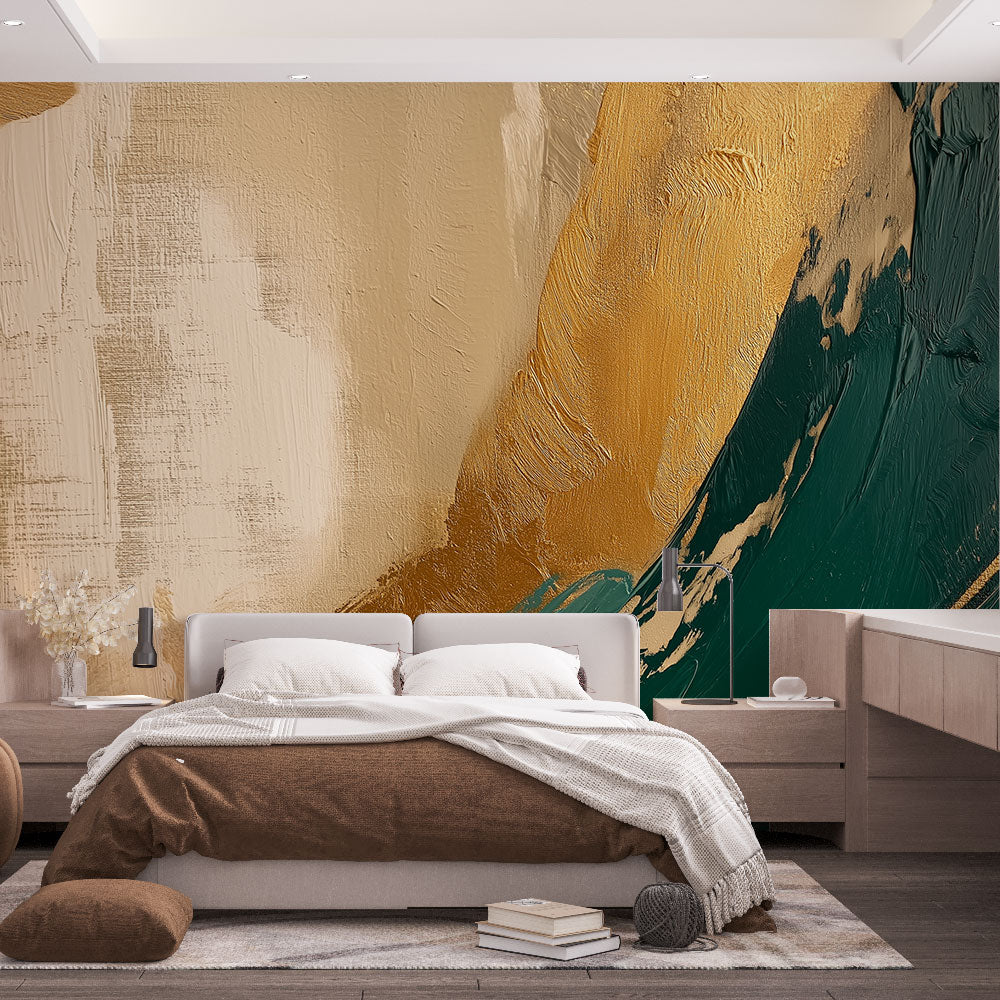 Abstract gold and emerald brushstroke wallpaper creating a stunning focal point in a modern living room with natural light