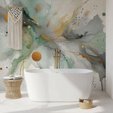Carta da Parete Murale Astratta | Design Acquerello Oro e Verde