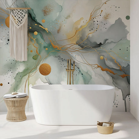 Abstract watercolor wallpaper design file showing fluid gold and green patterns with organic flowing movement