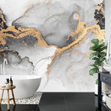 Modern dining room featuring luxury Gold and Grey Marble Wallpaper, showing elegant table setting and pendant lights