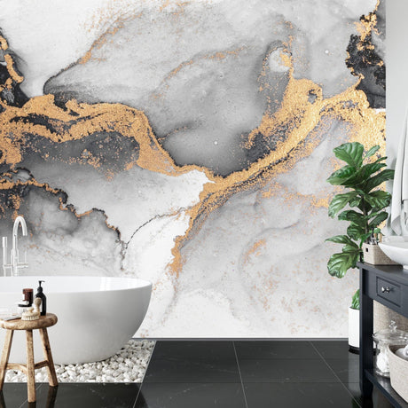 Modern dining room featuring luxury Gold and Grey Marble Wallpaper, showing elegant table setting and pendant lights