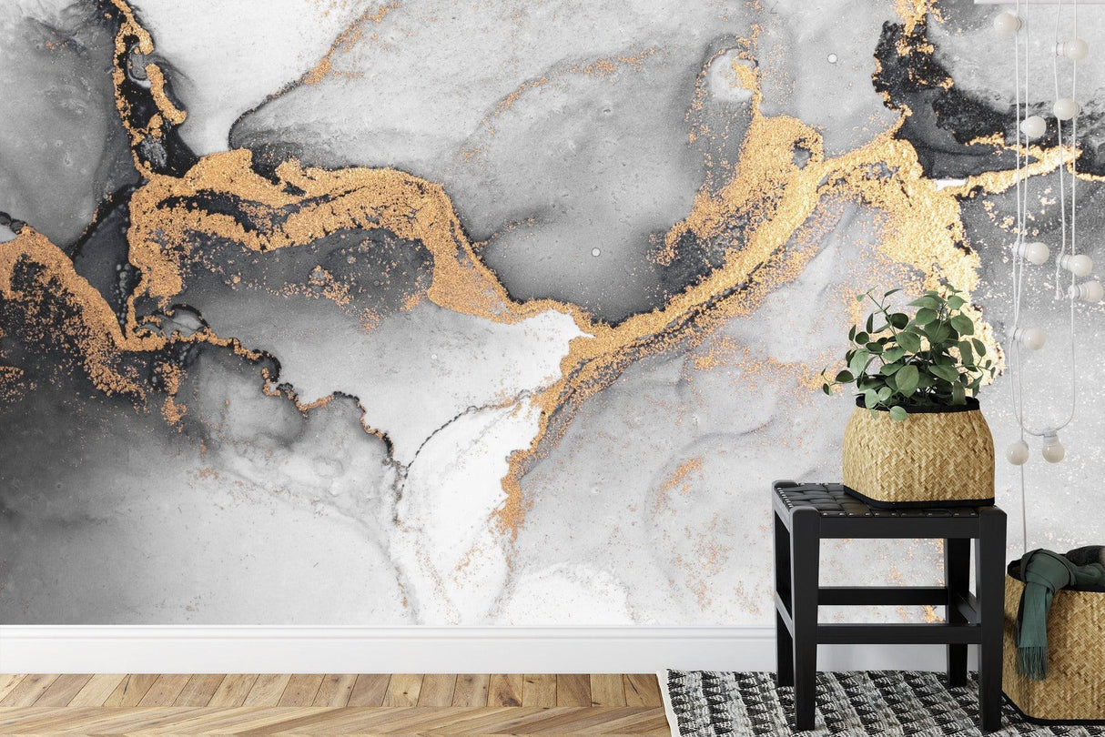 Master bedroom with Gold and Grey Abstract Marble Wallpaper creating a sophisticated accent wall behind the bed