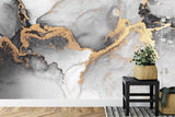 Master bedroom with Gold and Grey Abstract Marble Wallpaper creating a sophisticated accent wall behind the bed