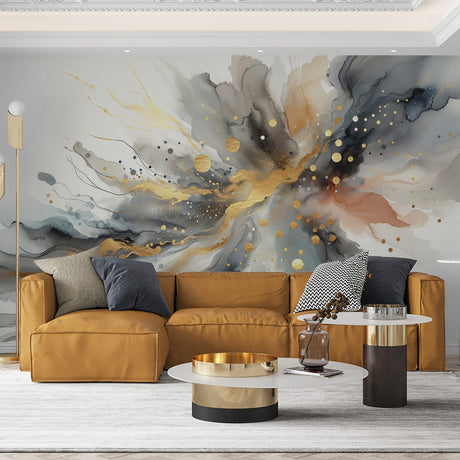 Gold and grey abstract wallpaper in modern living room creating luxurious atmosphere
