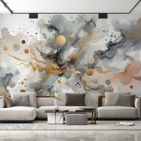 Abstract gold and grey watercolor wallpaper in modern living room, creating elegant atmosphere with natural lighting