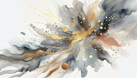 Abstract watercolor mural in master bedroom with gold accents