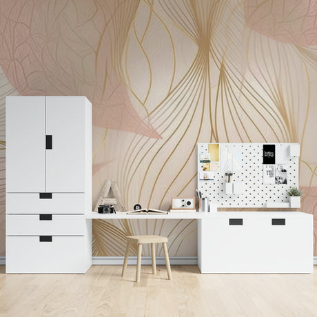 Modern abstract wallpaper with gold and pink geometric lines in a bright living room setting