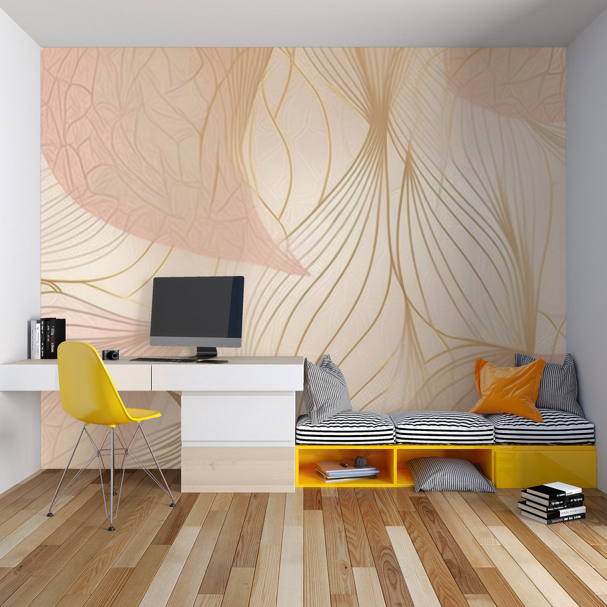 Gold geometric wall mural creating an elegant backdrop in a master bedroom