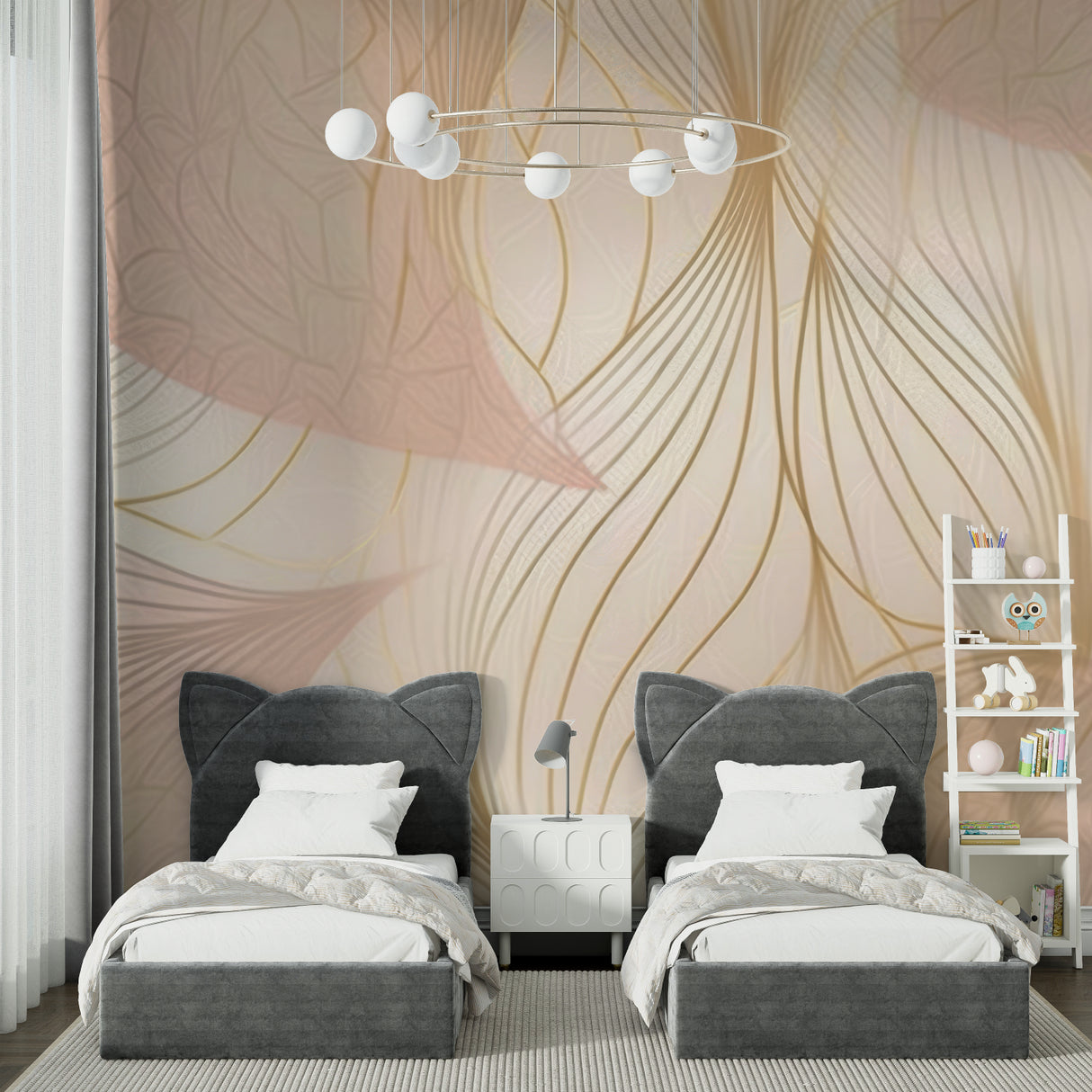 Pink and gold abstract wallpaper design showcased in a modern home office