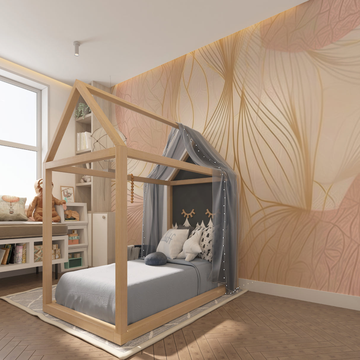 Abstract gold wallpaper creating flow in a contemporary hallway