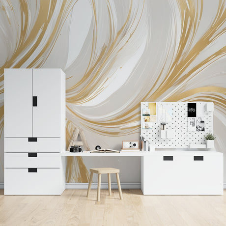 Gold and white marble abstract wallpaper creating a stunning focal point in a modern living room