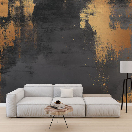 Modern abstract wallpaper with gold splashes creating drama in a minimalist living room setting