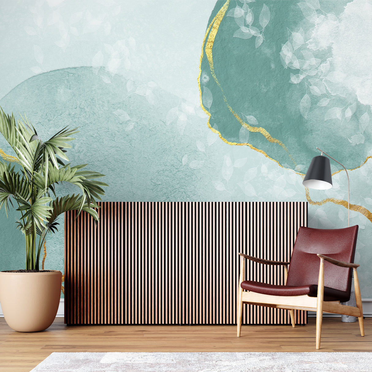 Home office with abstract mint green and gold wallpaper accent wall