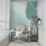 Bathroom featuring mint and gold abstract wallpaper creating spa-like feel
