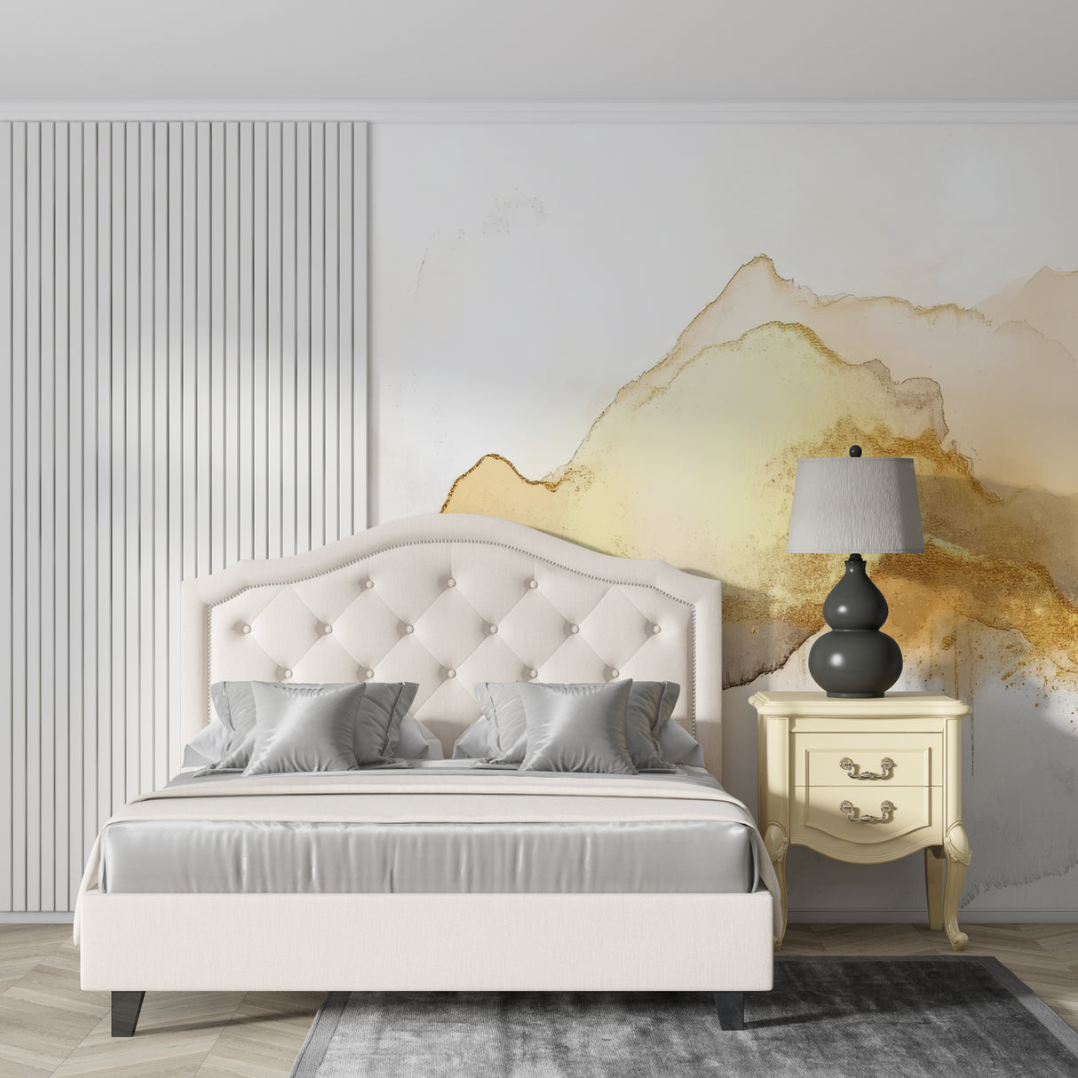 Gold abstract wallpaper enhancing dining room with soft golden tones and circular patterns