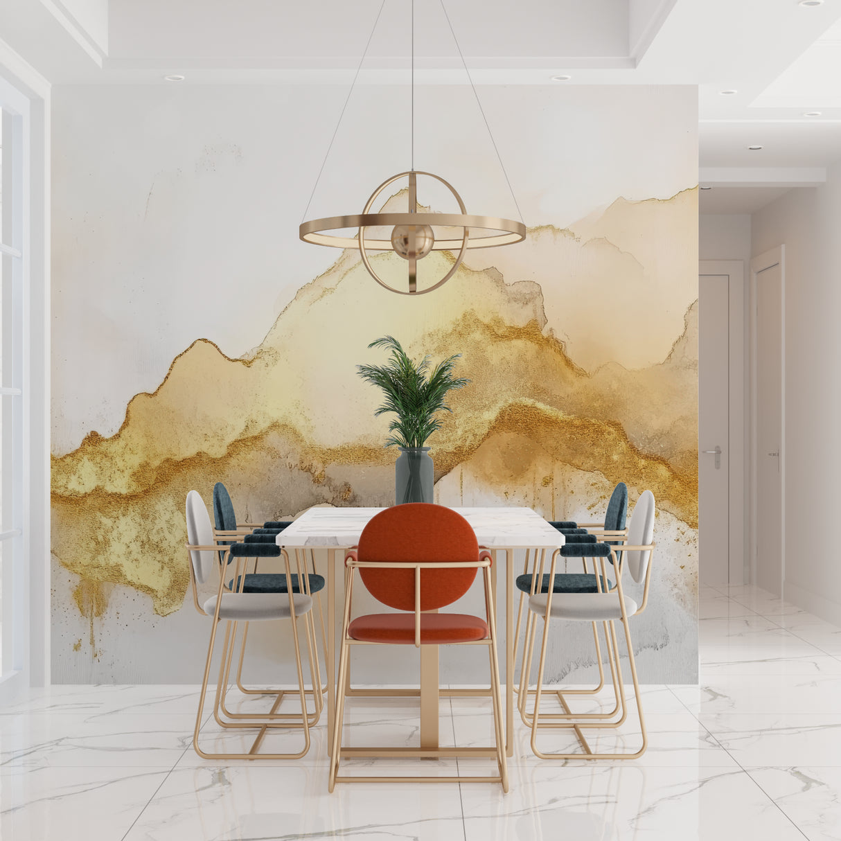 Abstract gold waves displayed in hallway showcasing flowing pattern transition