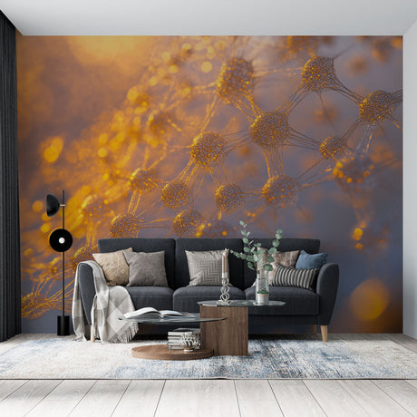 Modern gold network wallpaper creating a stunning feature wall in a minimal contemporary home office with natural lighting
