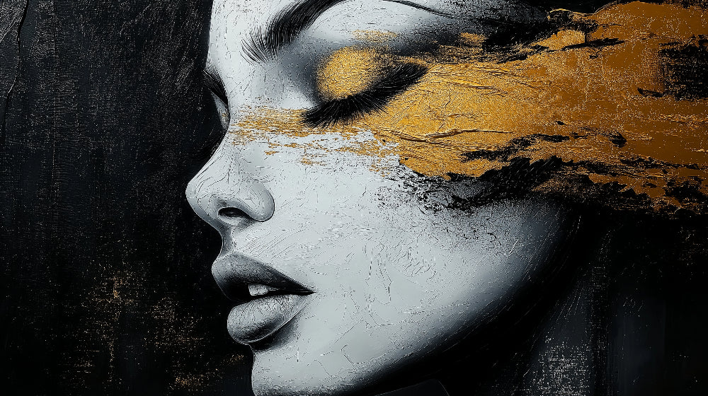 Black and gold portrait art wallpaper design file showing detailed pattern and metallic accents