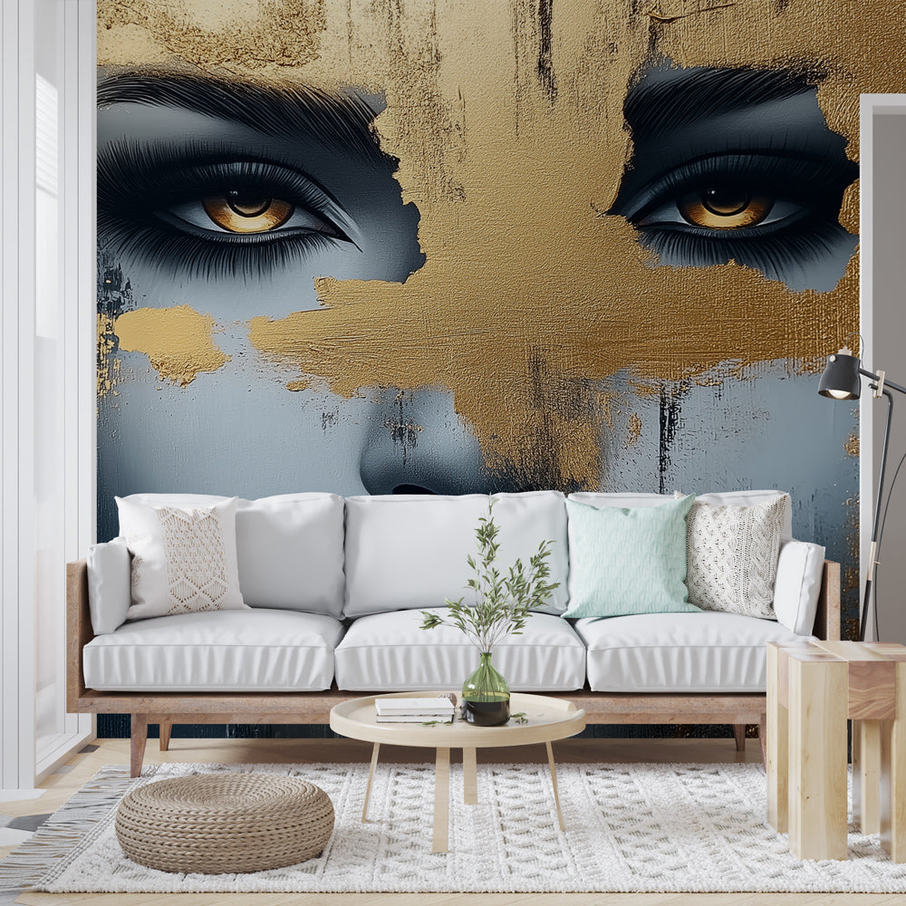Abstract golden portrait wallpaper creating dramatic impact in a modern living room with high ceilings