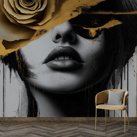 Abstract portrait wallpaper in black and gold creating dramatic impact in modern living room setting
