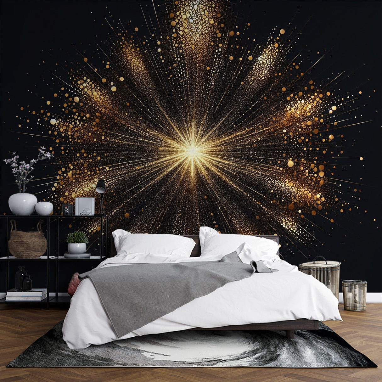 Black and gold starburst wallpaper creates dramatic impact in modern living room with grey sofa and minimal decor