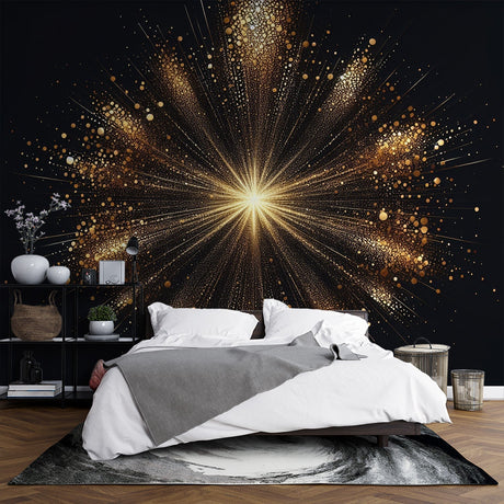 Black and gold starburst wallpaper creates dramatic impact in modern living room with grey sofa and minimal decor