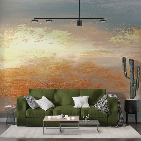Golden sunset abstract wallpaper creating a warm glow in a modern living room with minimal furniture