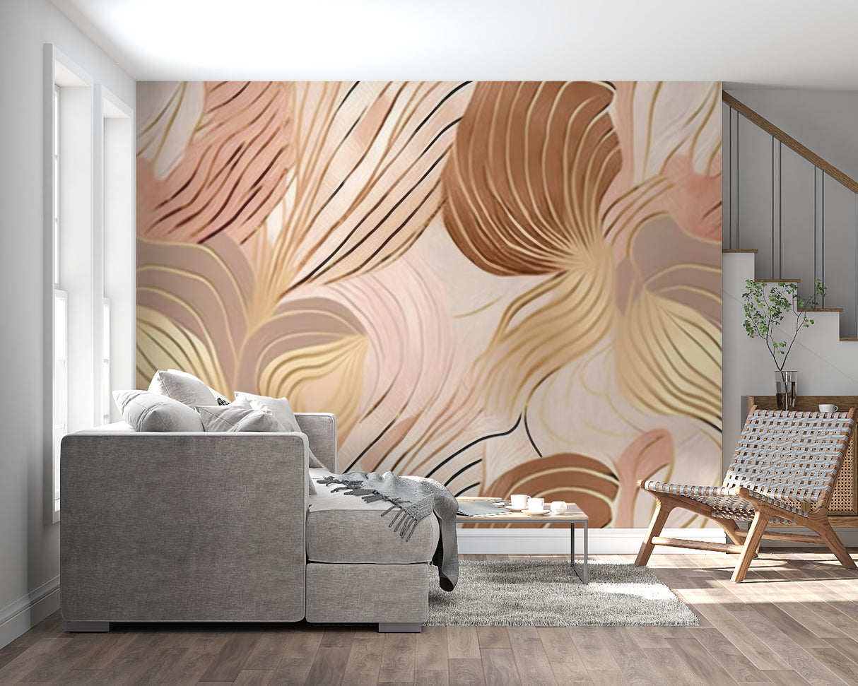 Pink and gold wave wallpaper in master bedroom, soft metallic accents catching light