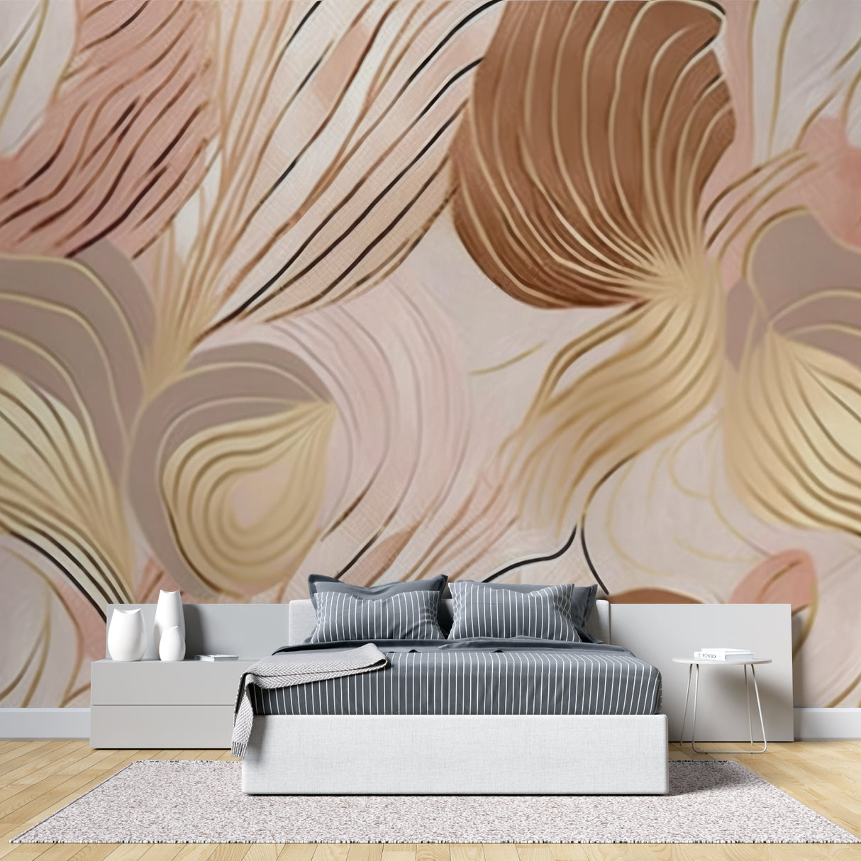 Golden wave wallpaper creating modern office accent wall, pink tones adding warmth