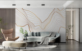 Golden wave pattern wallpaper in home office with modern furniture