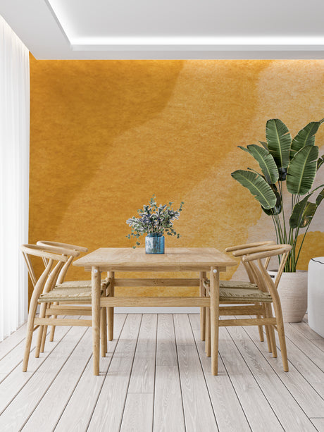 Abstract ochre gradient wallpaper in modern minimalist living room with natural light