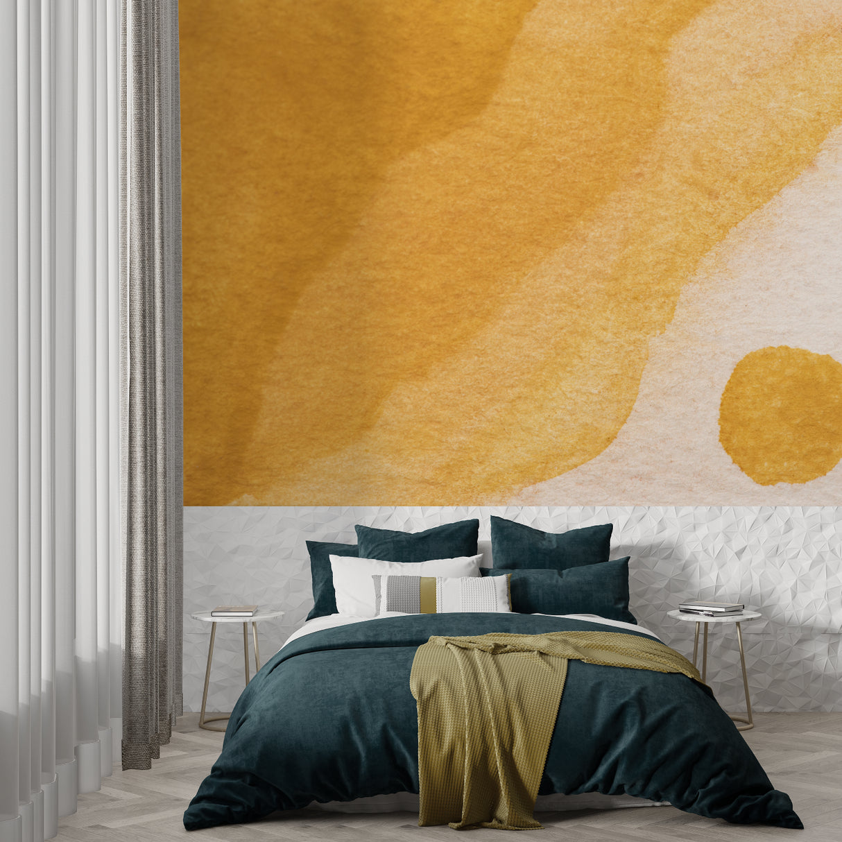 Watercolor gradient wall mural in contemporary dining space with golden hour glow