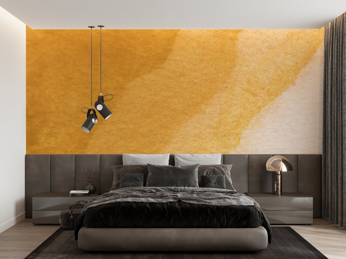 Golden ochre gradient mural in home office with clean modern furniture
