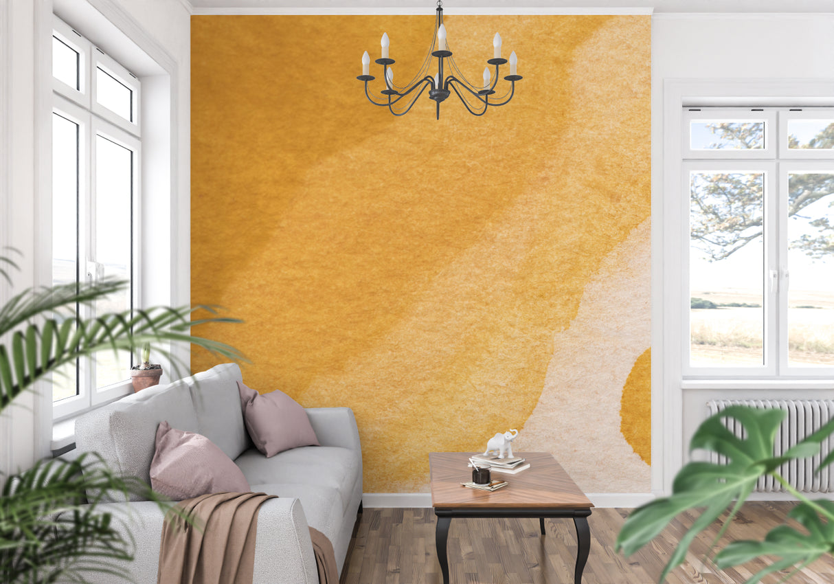Abstract watercolor wall design brightening minimal hallway space