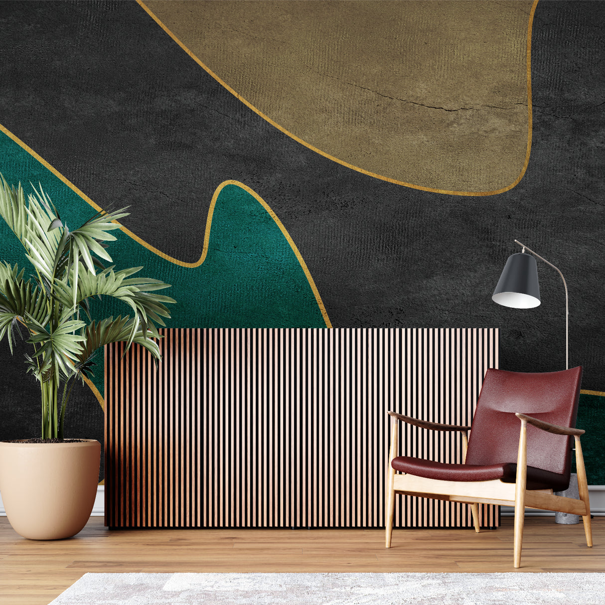 Modern green and gold geometric wallpaper in a bright living room with contemporary furniture
