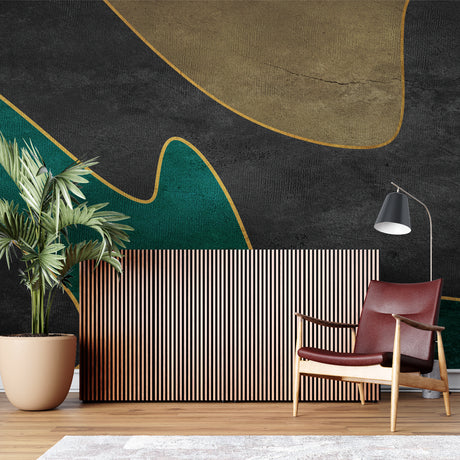 Modern green and gold geometric wallpaper in a bright living room with contemporary furniture