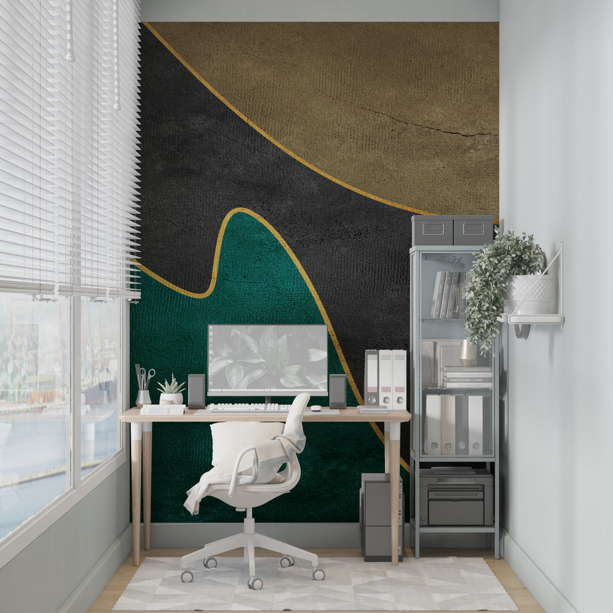 Abstract geometric wall mural showcased in a minimal dining space