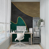 Abstract geometric wall mural showcased in a minimal dining space