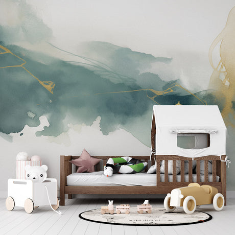 Abstract watercolor wallpaper in modern living room with green and gold tones creating a peaceful atmosphere