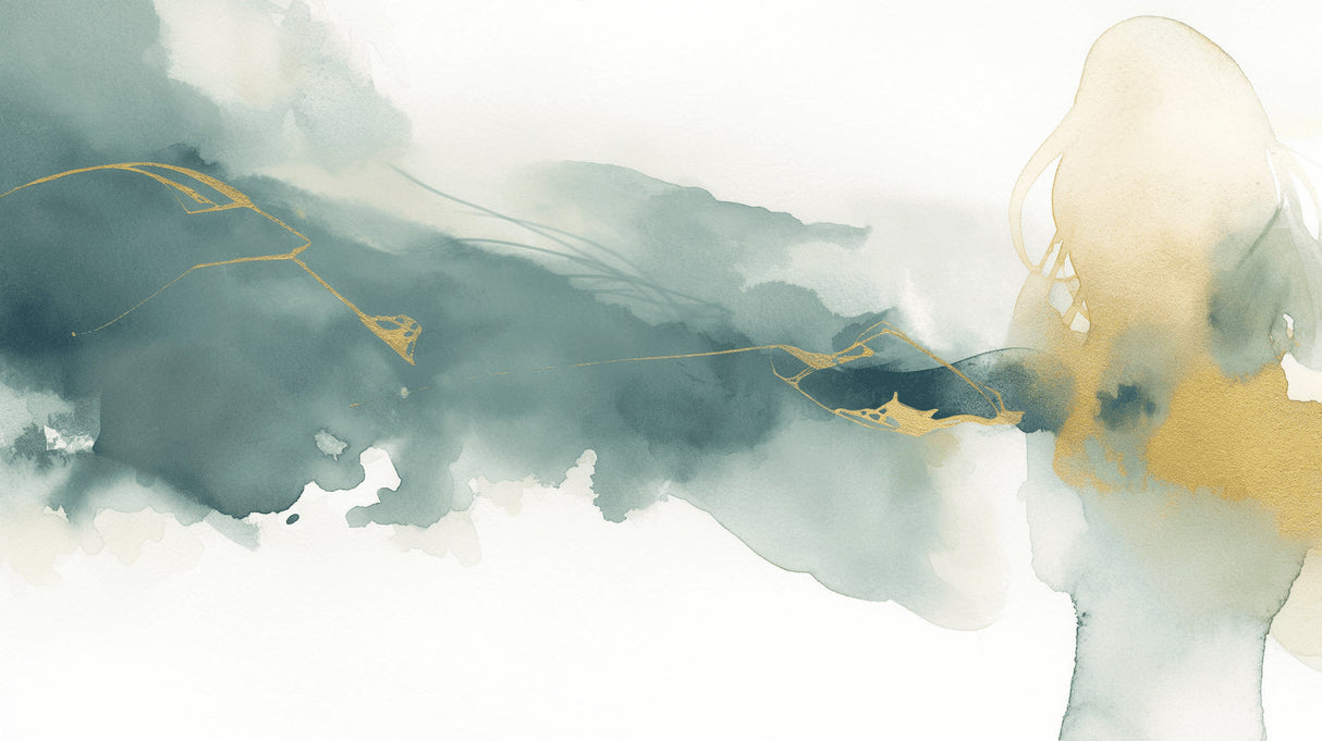 Green and gold abstract wall mural in bright dining room showing watercolor effects