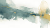 Green and gold abstract wall mural in bright dining room showing watercolor effects